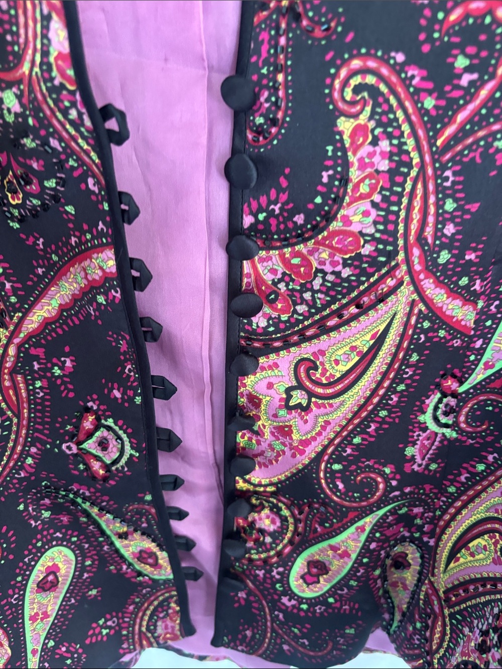 JS Collections Black Blazer with Pink and Neon Paisley All 10 Buttons